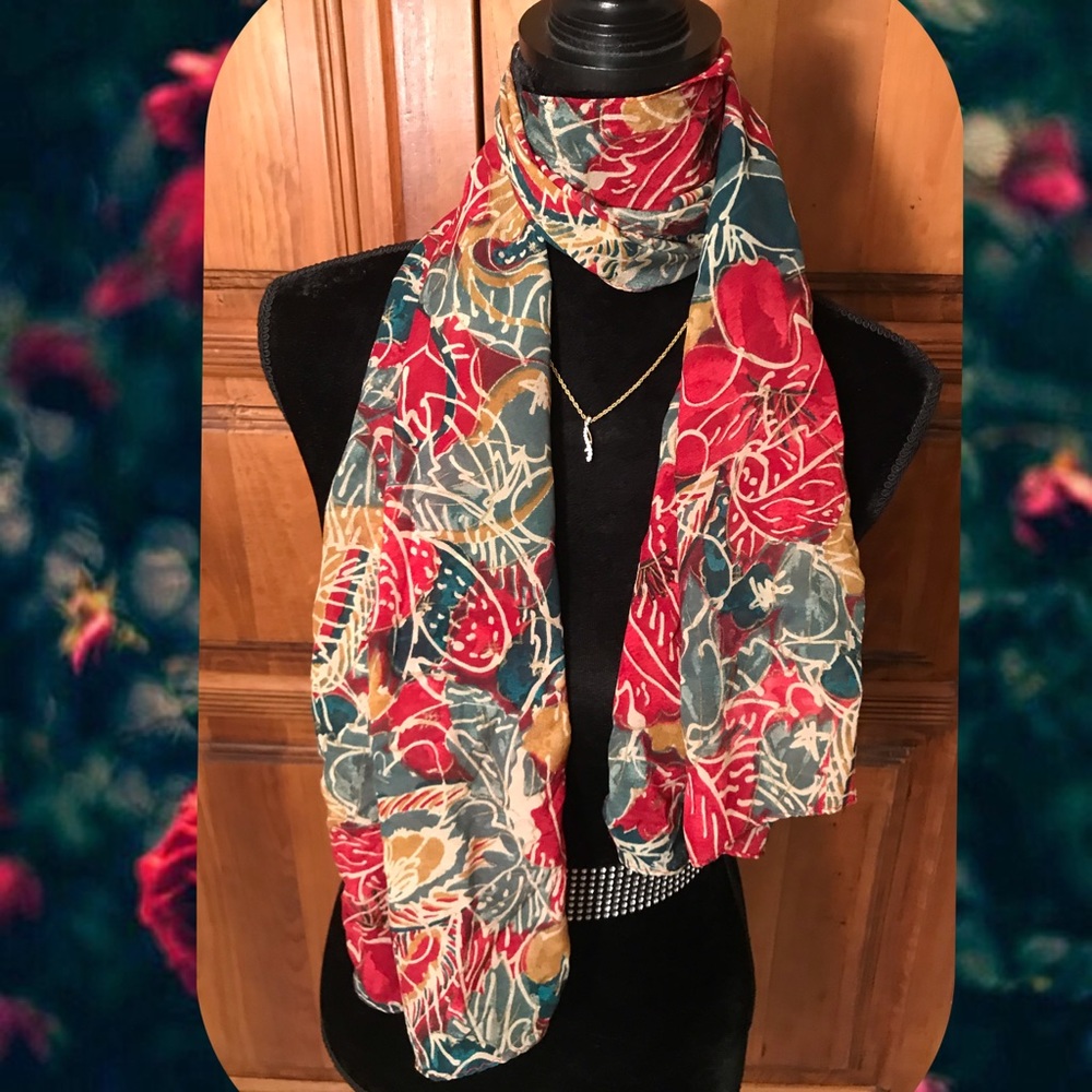 Red, two shades of green, tan & off white scarf